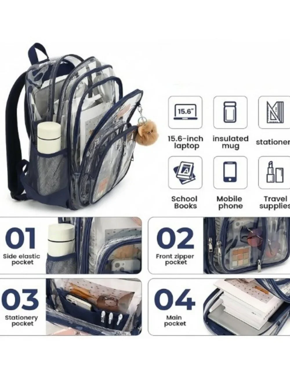 New: Clear Backpack with Navy Blue Trim - Fits 15" Laptop - Picture 9 of 10